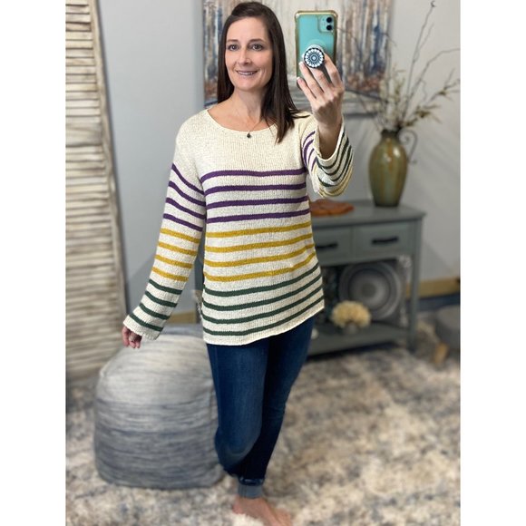🎭Mardi Gras Wide Neck Loose Striped Sweater Shirt Purple Green & Gold 0123 - Picture 6 of 8